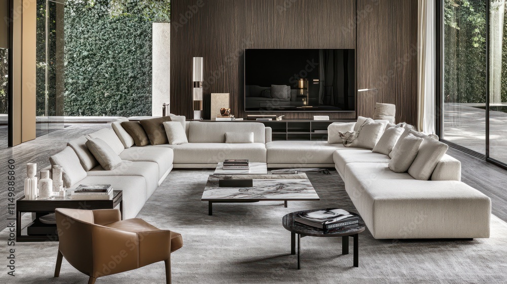 Modern sectional sofa in spacious living room with marble coffee table, large TV, and neutral color palette. Modern sectional sofa in spacious living room with marble coffee table, large TV, and neutral color palette.