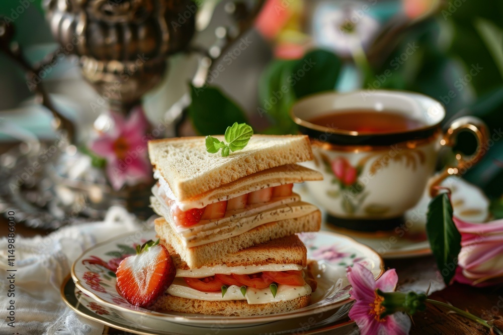 Naklejka premium Delicate club sandwiches filled with fresh strawberries, cream cheese, and a hint of mint, served alongside a steaming cup of tea, create a delightful afternoon tea experience