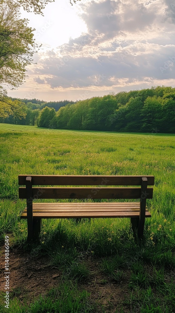 Scenic wooden bench overlooking lush green hills during a serene afternoon Scenic wooden bench overlooking lush green hills during a serene afternoon