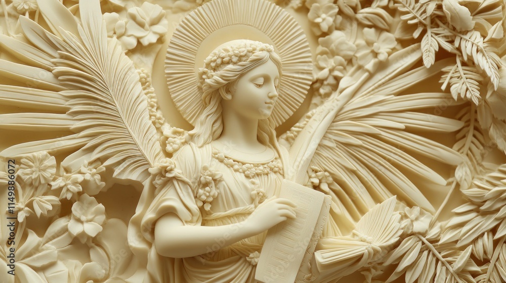 Fototapeta premium Intricate relief carving of an angel with wings, holding a scroll, surrounded by floral designs.