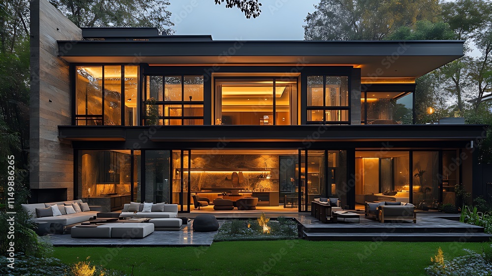 Modern luxury house at dusk, illuminated interior, backyard patio. Modern luxury house at dusk, illuminated interior, backyard patio.
