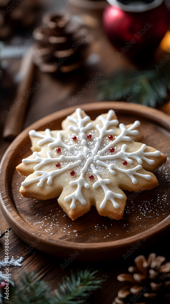 Beautifully decorated snowflake cookie placed on a wooden plate surrounded by festive decorations Beautifully decorated snowflake cookie placed on a wooden plate surrounded by festive decorations
