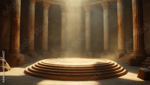 Sunlit ancient stone chamber with circular platform and columns. photo