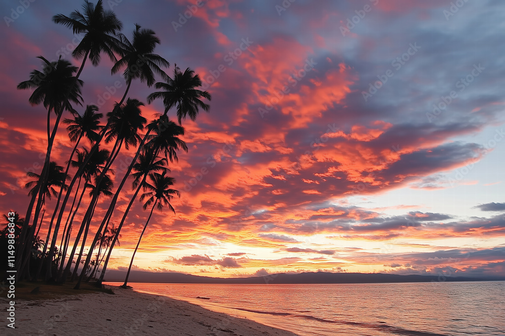 Fototapeta premium Stunning sunset over tropical beach with palm trees silhouetted Generative Ai