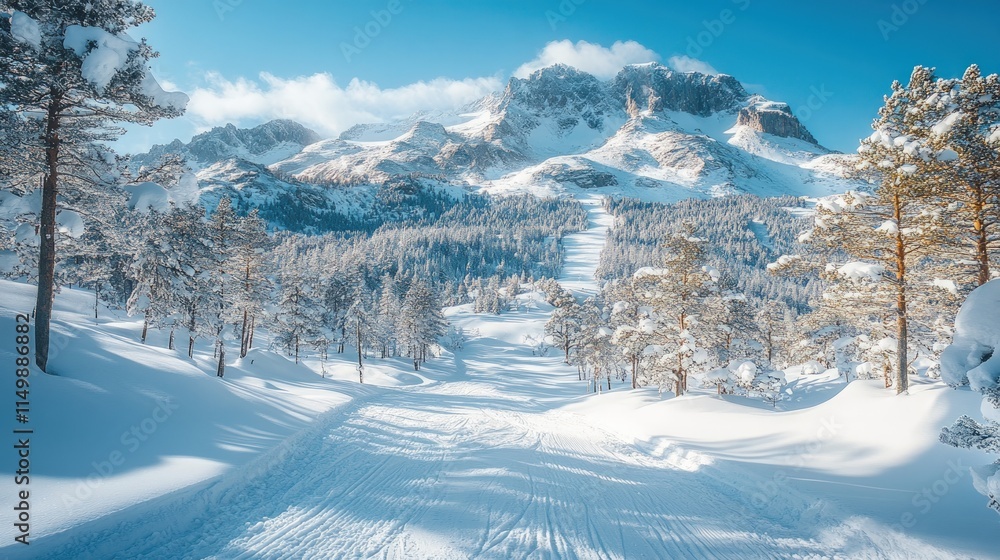 Fototapeta premium Snowy mountain path, winter wonderland, serene.