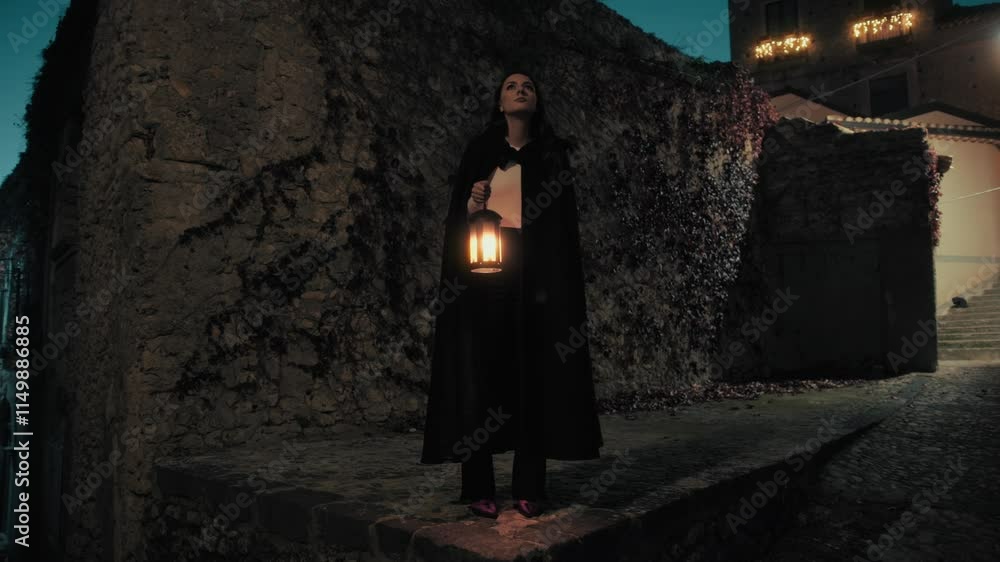 Mysterious Woman With Cloak And Lantern Explores A Night City Mysterious Woman With Cloak And Lantern Explores A Night City