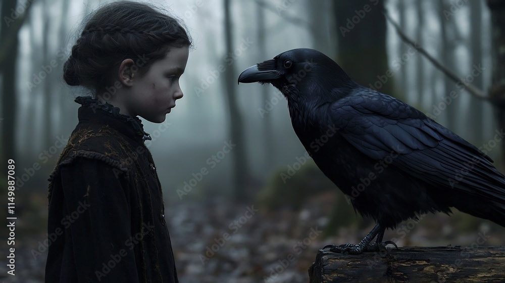 Fototapeta premium A Majestic Black Bird Perched on a Rustic Tree Stump Surrounded by Lush Greenery Evoking a Sense of Tranquility and Connection with Nature