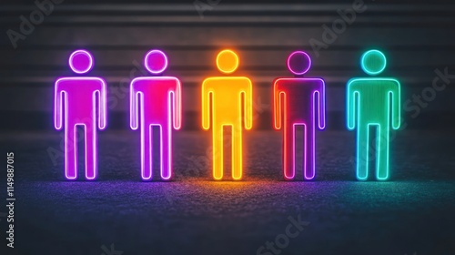 Wallpaper Mural Glowing neon figures stand in a row, one brightly lit. Torontodigital.ca