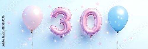 Pink and blue balloons celebrate a thirtieth birthday