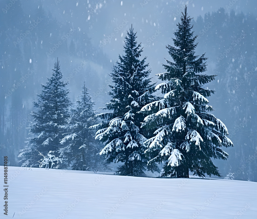 Naklejka premium Winter panorama landscape with a snow-covered forest and trees at sunrise. A winter morning marking the beginning of a new day. Winter landscape with sunset, panoramic view.