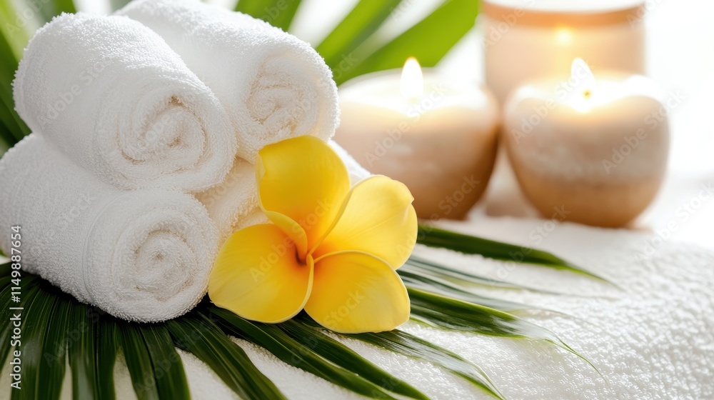 Relaxing Spa Setting with Towels, Candles, and Tropical Flower Relaxing Spa Setting with Towels, Candles, and Tropical Flower