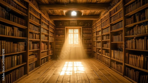 Wallpaper Mural Sunlit wooden library interior filled with antique bookshelves. Torontodigital.ca