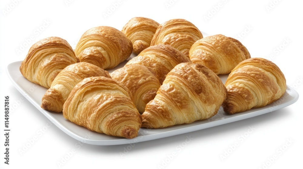 A dozen golden-brown croissants arranged on a white square plate, isolated on a white background. A dozen golden-brown croissants arranged on a white square plate, isolated on a white background.