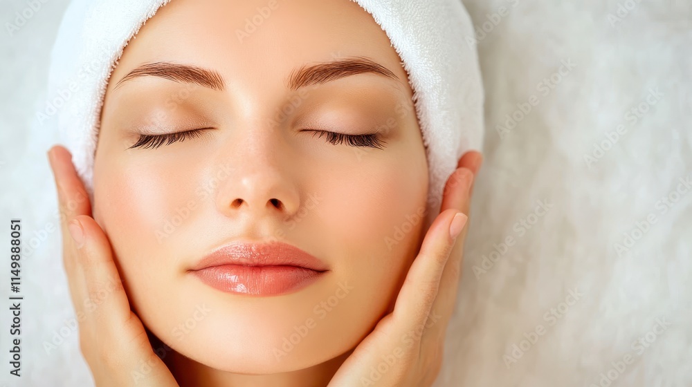 Calm Woman with Closed Eyes and Towel on Head Relaxing at Spa Calm Woman with Closed Eyes and Towel on Head Relaxing at Spa