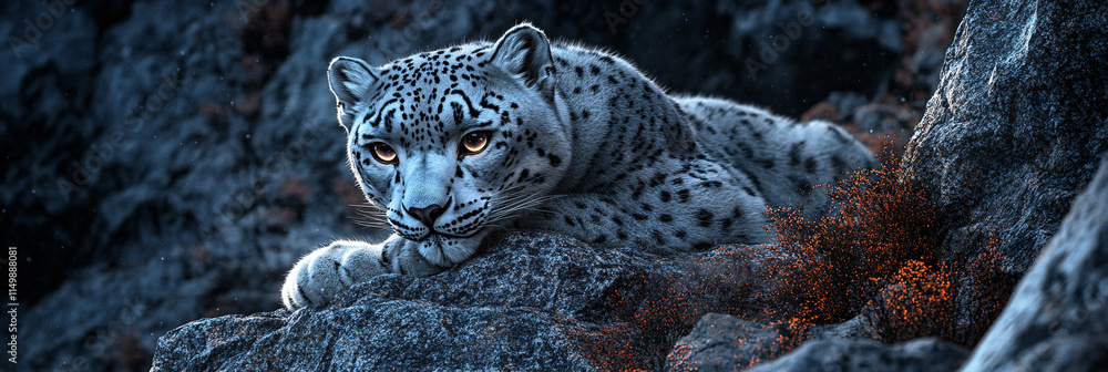 Obraz premium A snow leopard creeping across a granite slope, its eyes glowing in the twilight, with lichen softly illuminating the dark rocks. 