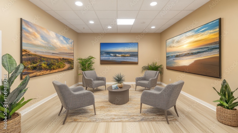 Fototapeta premium Serene waiting area with ocean sunset artwork, comfortable seating, and potted plants.