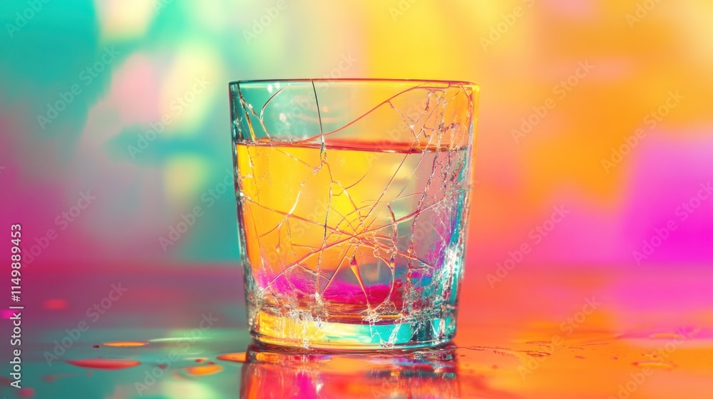 A broken glass filled with water stands on a reflective surface against a colorful blurred background. A broken glass filled with water stands on a reflective surface against a colorful blurred background.