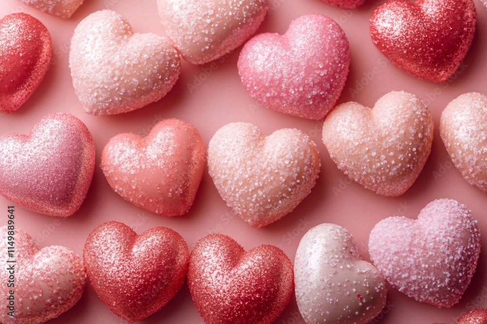 Obraz premium Pink and peach glittery and sugary hearts forming a background for valentine's day