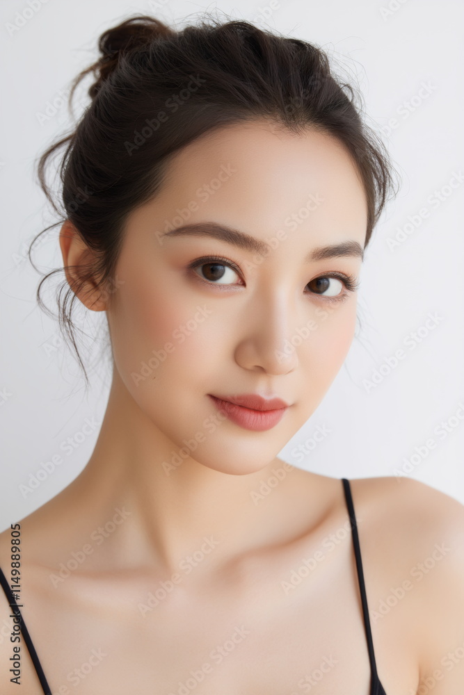 Photograph of a young, fair-skinned Asian woman with smooth skin, dark hair in a messy bun, and subtle makeup. Photograph of a young, fair-skinned Asian woman with smooth skin, dark hair in a messy bun, and subtle makeup.