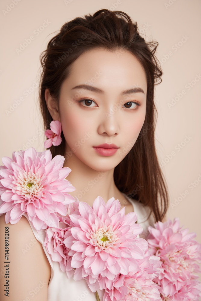Fototapeta premium Beautiful Asian Woman with pink flowers portrait