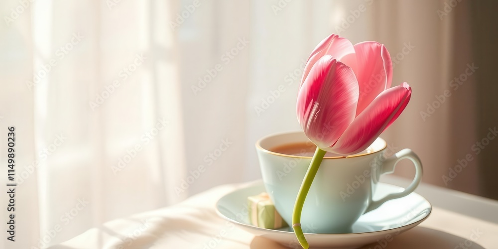 A single pink tulip rests gracefully in a light blue teacup, bathed in soft sunlight near a sheer curtain. A single pink tulip rests gracefully in a light blue teacup, bathed in soft sunlight near a sheer curtain.