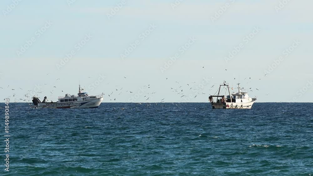 Dos Barcos pesqueros regresan a puerto acompañados de multitud de gaviotas en Calpe el 20 de diciembre de 2024, España Dos Barcos pesqueros regresan a puerto acompañados de multitud de gaviotas en Calpe el 20 de diciembre de 2024, España