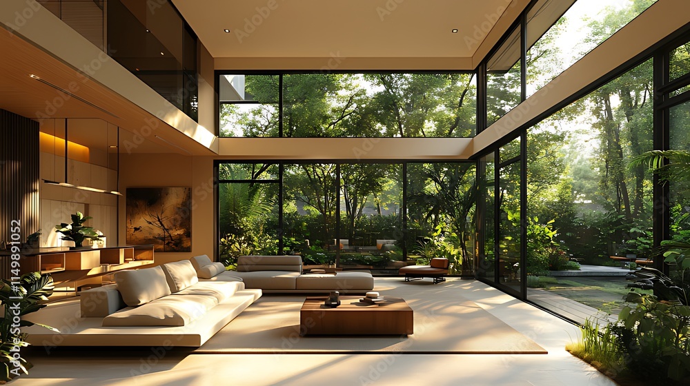 Fototapeta premium Sunlit modern living room with floor-to-ceiling windows overlooking lush garden.