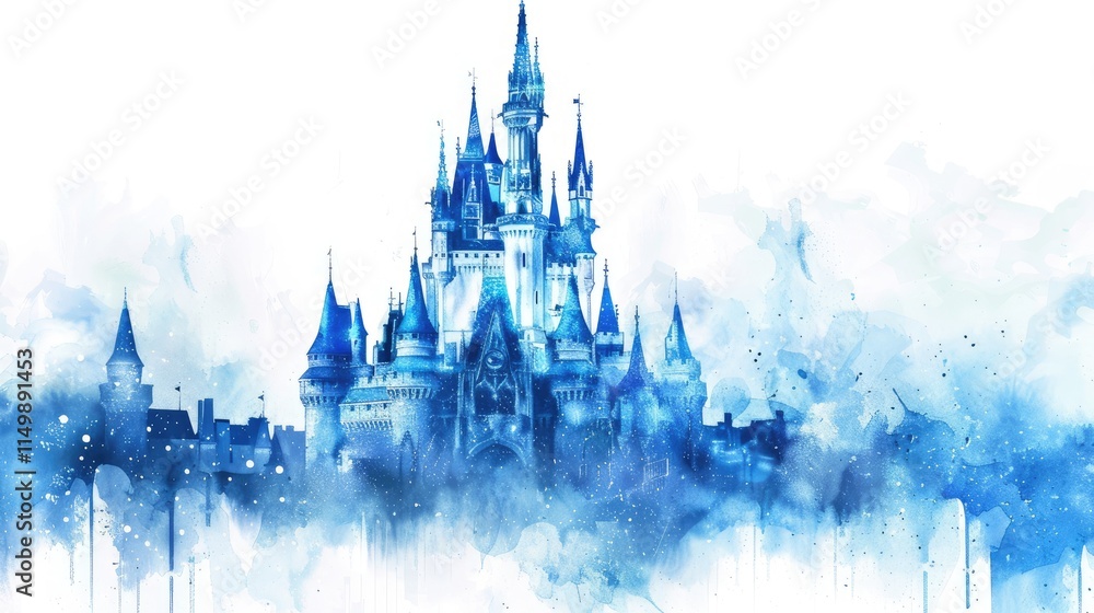 Fototapeta premium Blue watercolor castle isolated on white background.