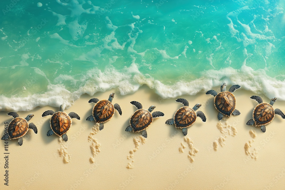 Fototapeta premium Marine conservation: turtles on a beach with sparkling water