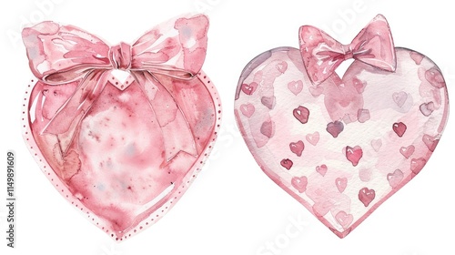 Watercolor pink heart with bow, love concept.