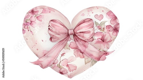 Watercolor pink heart with bow, love concept.