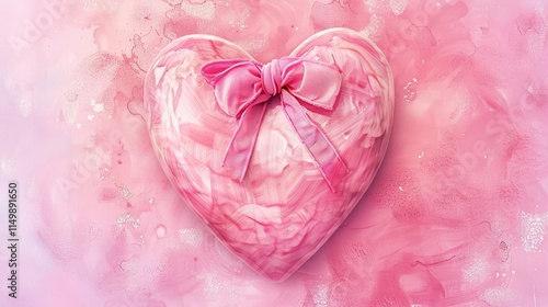 Watercolor pink heart with bow, love concept.