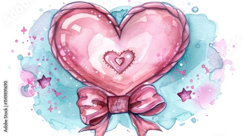 Watercolor pink heart with bow, love concept.