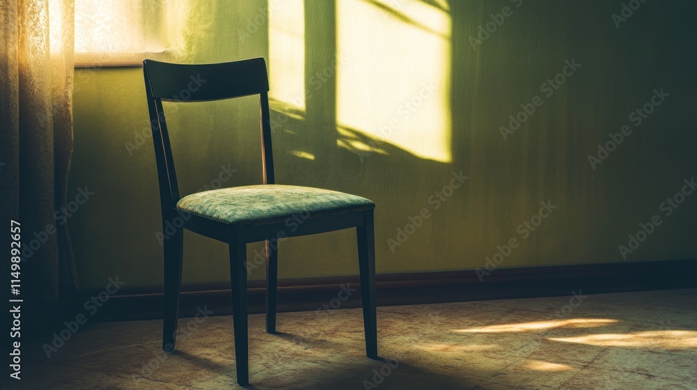 Fototapeta premium A solitary chair sits in a sunlit room, casting shadows on the wall and floor.