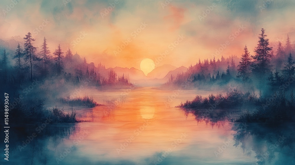 Fototapeta premium Misty sunset over calm lake, silhouetted trees.