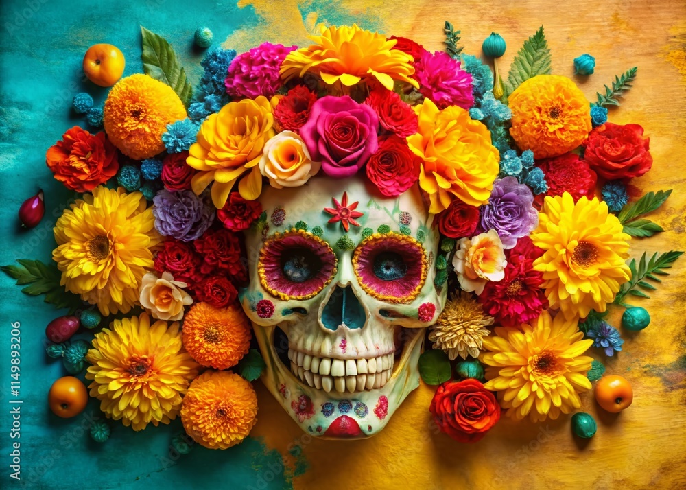 Vibrant Sugar Skull Day of the Dead Colorful Flowers Festive Background Stock Photo Vibrant Sugar Skull Day of the Dead Colorful Flowers Festive Background Stock Photo