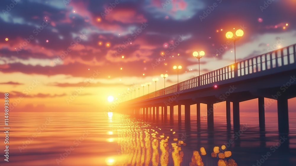 bridge near the sea with light bulb poles, the lights creating beautiful reflections on the water, while the setting sun casts a golden hue across the sky bridge near the sea with light bulb poles, the lights creating beautiful reflections on the water, while the setting sun casts a golden hue across the sky