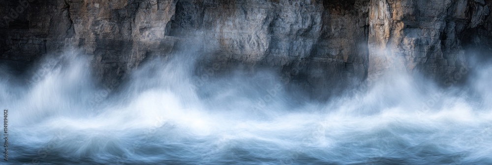 Obraz premium Abstract blurred image of powerful waves crashing against a rocky cliff face.