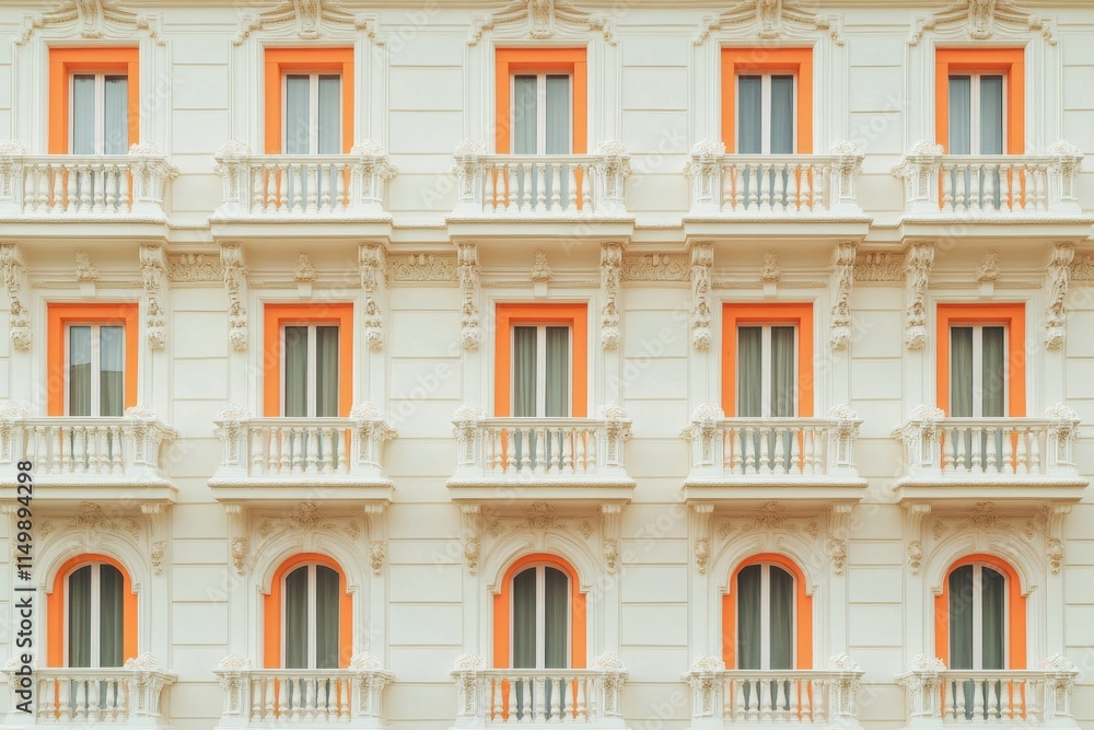 The building has many windows and orange trim The building has many windows and orange trim