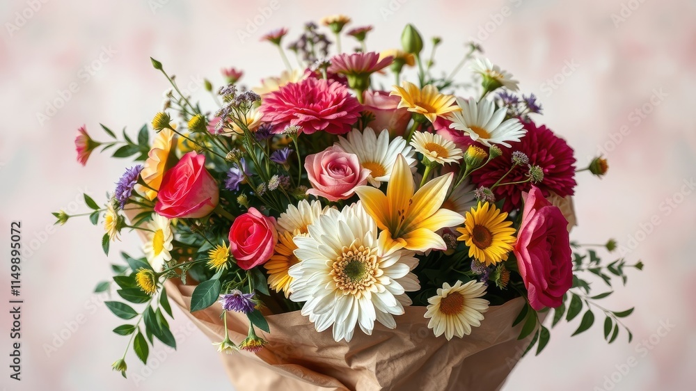 Obraz premium A vibrant bouquet of assorted flowers, including roses, lilies, daisies, and gerberas, artfully arranged and wrapped in kraft paper.