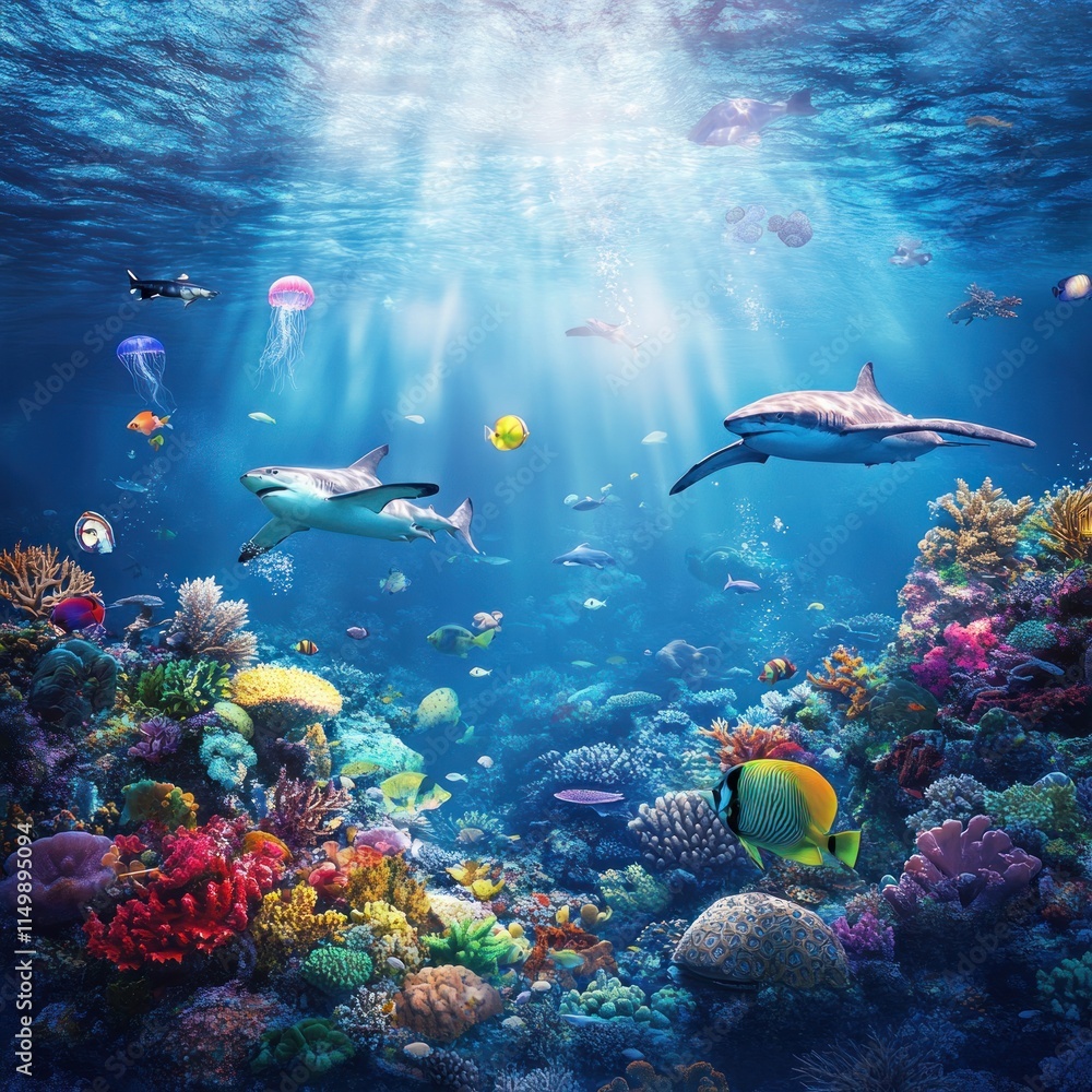 Naklejka premium Vibrant coral reef teeming with diverse marine life, including sharks, jellyfish, and colorful fish, sunlit ocean scene.