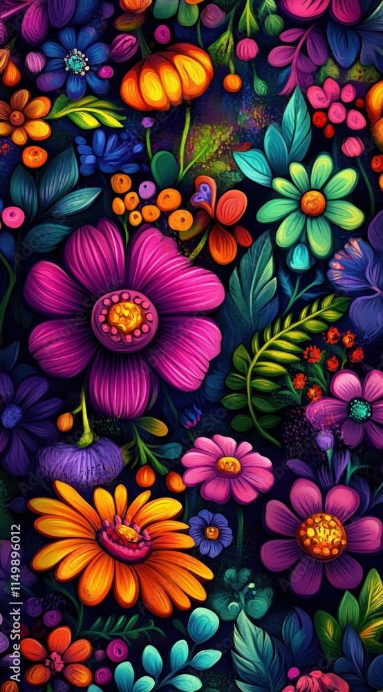 Vibrant floral pattern with various flowers and leaves. Vibrant floral pattern with various flowers and leaves.