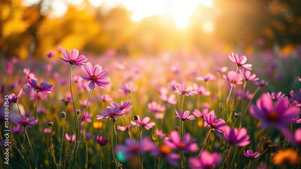 Golden Hour Meadow A Field of Delicate Pink Flowers Basking in the Warm Sunset Glow Golden Hour Meadow A Field of Delicate Pink Flowers Basking in the Warm Sunset Glow