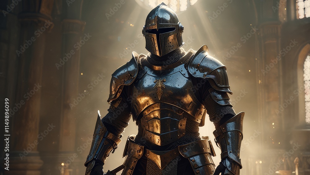 Fototapeta premium An angelic knight in shining armor hovers, holding a sword, bathed in radiant divine light.