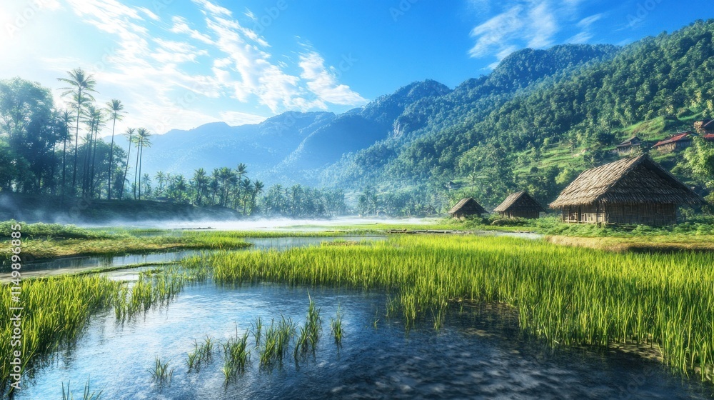 Serene sunrise over lush rice paddies and traditional huts nestled in a misty mountain valley. Serene sunrise over lush rice paddies and traditional huts nestled in a misty mountain valley.