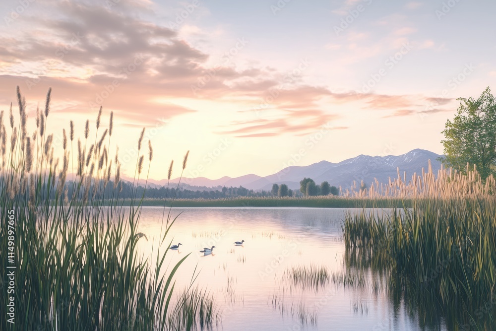 Tranquil coastal scene with reeds and gentle tidal waters Tranquil coastal scene with reeds and gentle tidal waters
