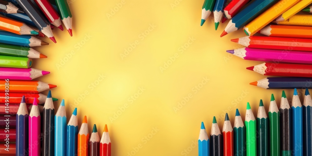 Fototapeta premium Colorful Pencils Arranged on a Yellow Background, Creating a Vibrant and Inviting Frame for Your Text or Design