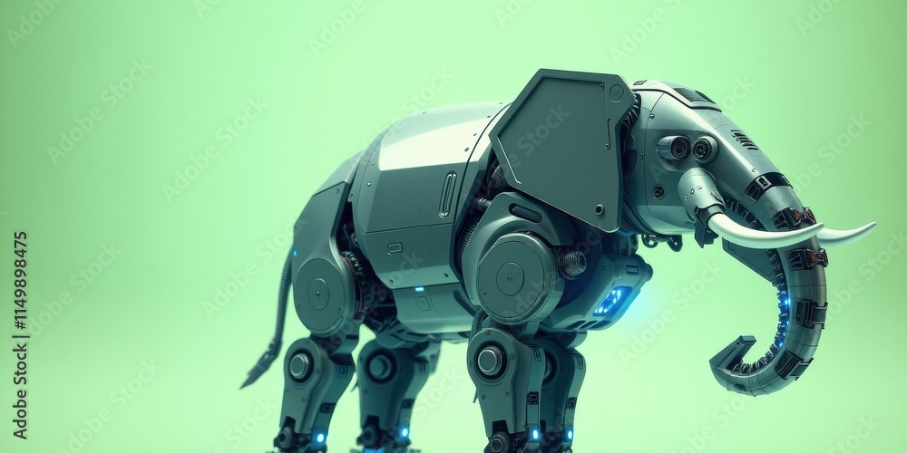 Naklejka premium Futuristic robotic elephant, metallic grey, glowing blue accents, isolated on a light green background