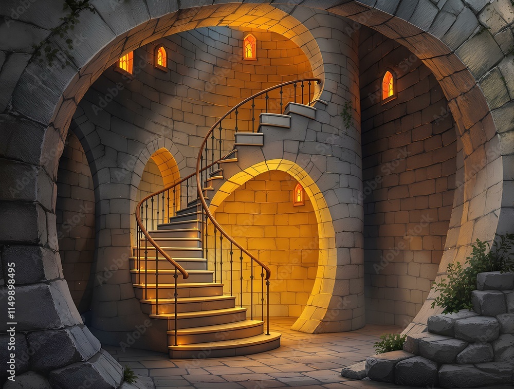 Obraz premium Fantastic Frontiers Spiral Staircase in a Stone Fortress with Warm Mystical Glow