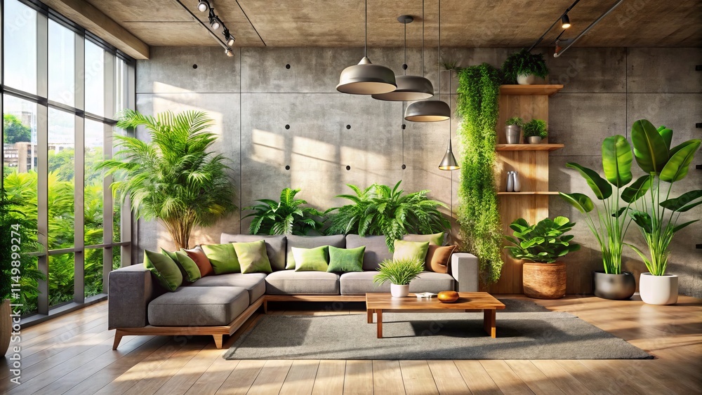 Fototapeta premium Modern Urban Jungle Living Room Close-Up: Lush Greenery, Concrete, Minimalist Design, Interior Design Inspiration